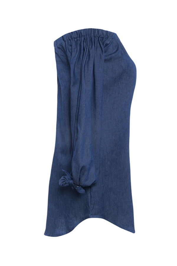  Leisure Bateau Neck Knot Design Deep Blue Denim Mini Dress
