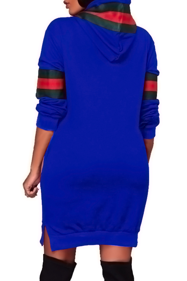  Leisure Hooded Collar Patchwork Blue Polyester Mini Dress