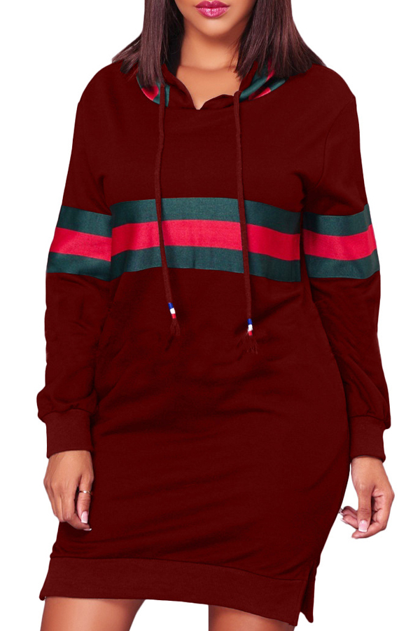  Leisure Hooded Collar Patchwork Wine Red Polyester Mini Dress