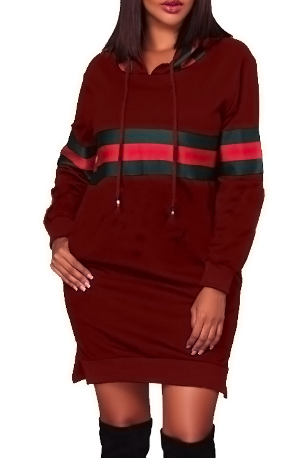  Leisure Hooded Collar Patchwork Wine Red Polyester Mini Dress
