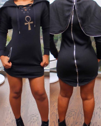  Leisure Long Sleeves Zipper Design Black Polyester Sheath Mini Dress