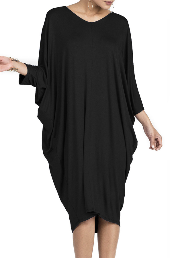  Leisure Round Neck Hollow-out Black Polyester Knee Length Dress