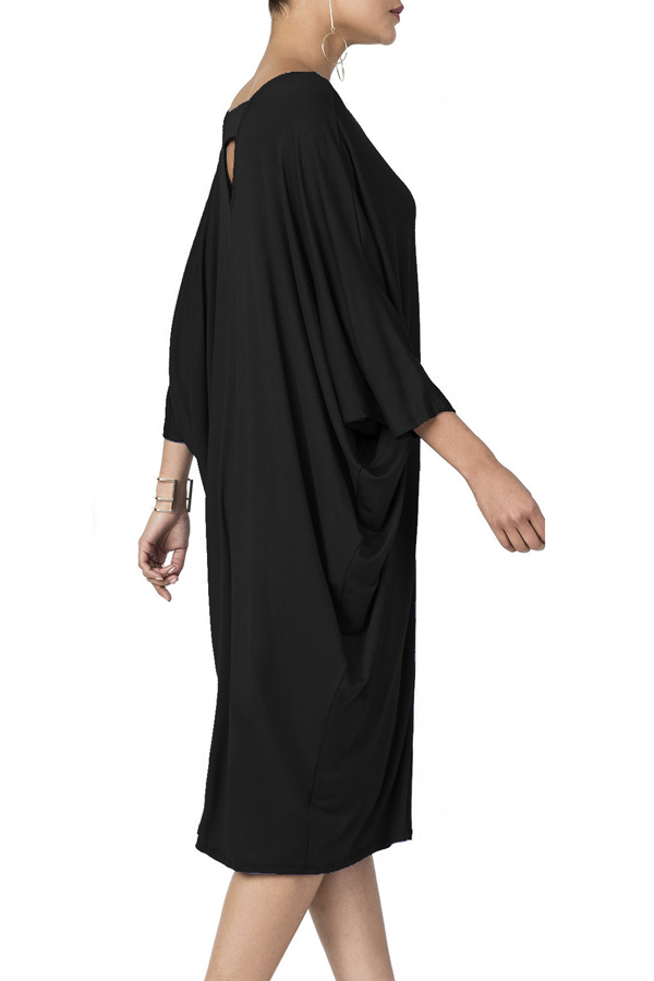  Leisure Round Neck Hollow-out Black Polyester Knee Length Dress
