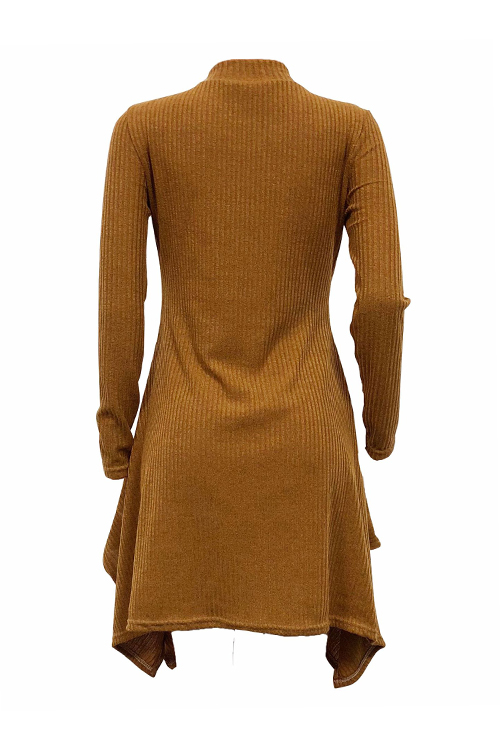  Leisure Round Neck Irregular Hem Brown Polyester Knee Length Dress