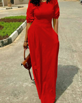 Leisure Round Neck Pocket Design Red Polyester Floor Length Dress