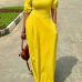  Leisure Round Neck Pocket Design Yellow Polyester Floor Length Dress