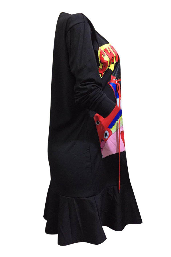  Leisure Round Neck Printed Black Polyester Knee Length Dress