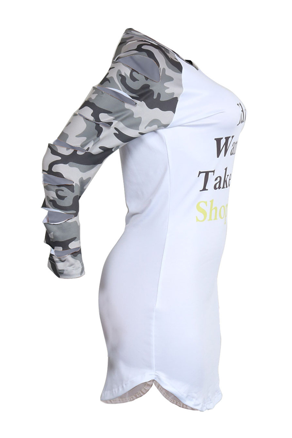  Leisure Round Neck Printed Hollow-out White Polyester Sheath Mini Dress