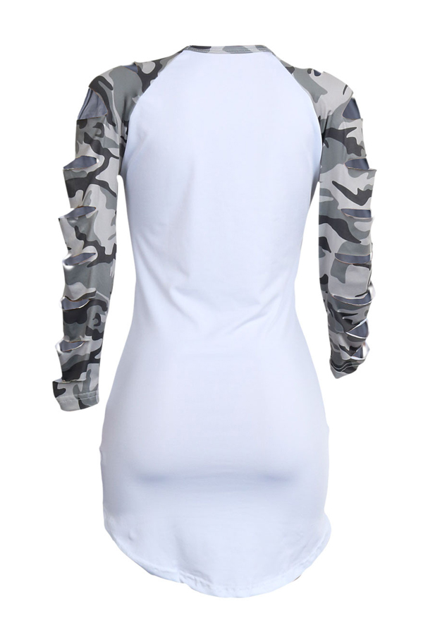  Leisure Round Neck Printed Hollow-out White Polyester Sheath Mini Dress