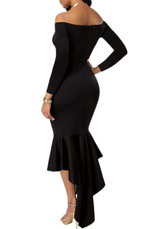  Sexy Bateau Neck Dovetail Shape Design Black Polyester Ankle Length Dress