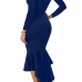  Sexy Bateau Neck Dovetail Shape Design Blue Polyester Ankle Length Dress