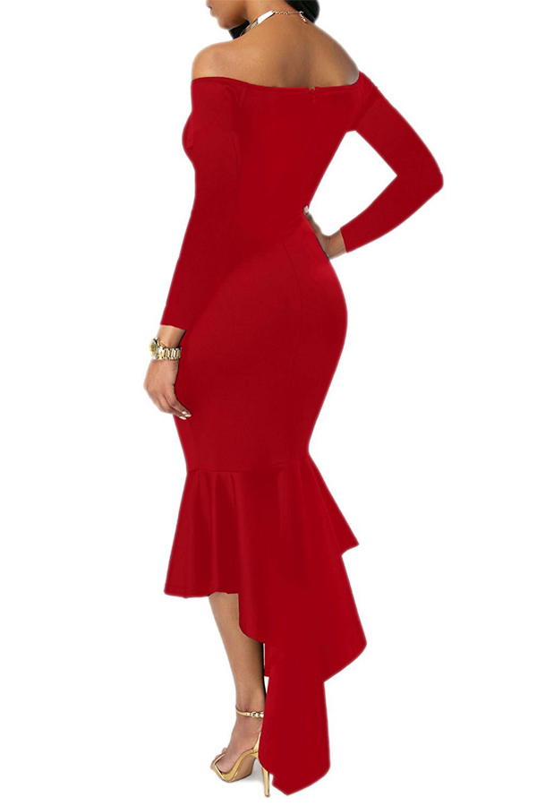  Sexy Bateau Neck Dovetail Shape Design Red Polyester Ankle Length Dress