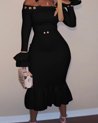  Sexy Bateau Neck Falbala Design Black Velvet Ankle Length Dress  