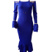  Sexy Bateau Neck Falbala Design Blue Velvet Ankle Length Dress