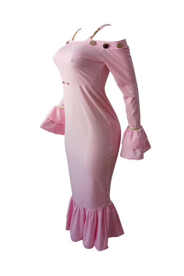  Sexy Bateau Neck Falbala Design Pink Velvet Ankle Length Dress