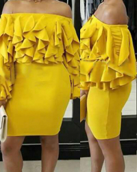  Sexy Bateau Neck Layered Ruffles Yellow Milk Fiber Mini Dress
