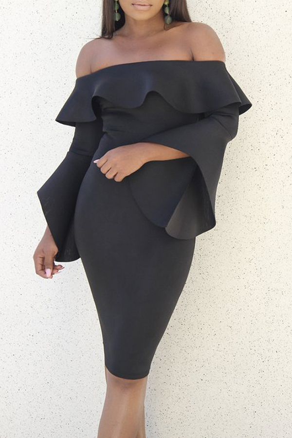  Sexy Bateau Neck Mandarin Sleeves Black Polyester Knee Length Dress