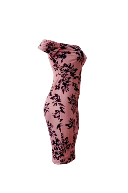  Sexy Bateau Neck Printed Pink Polyester Sheath Knee Length Dress
