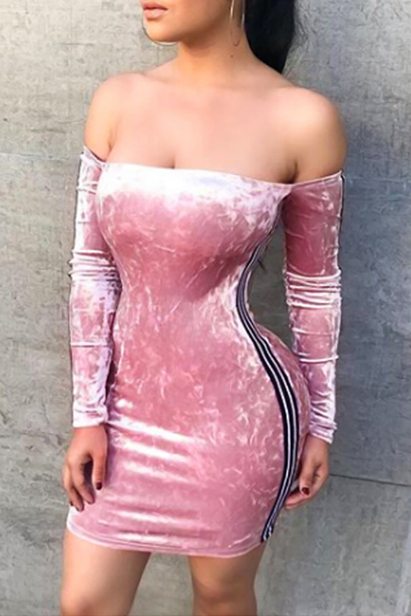  Sexy Bateau Neck Ribbon Splicing Pink Velvet Mini Dress