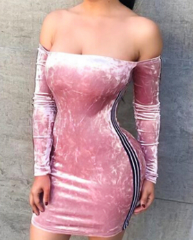  Sexy Bateau Neck Ribbon Splicing Pink Velvet Mini Dress