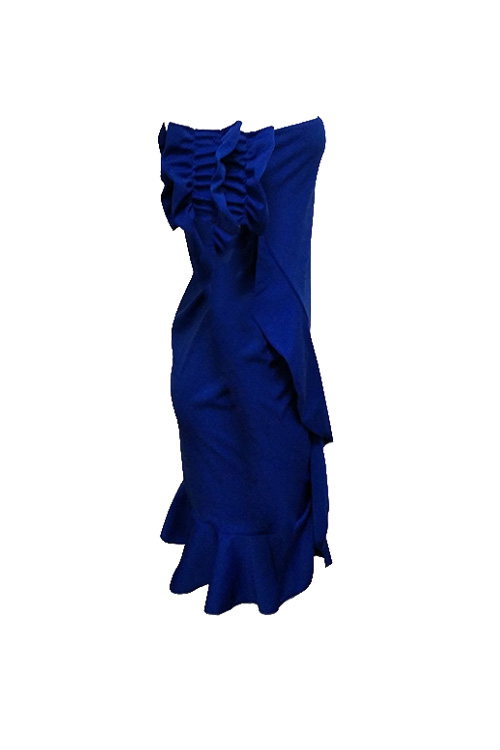  Sexy Bateau Neck Ruffle Design Blue Polyester Knee Length Dress