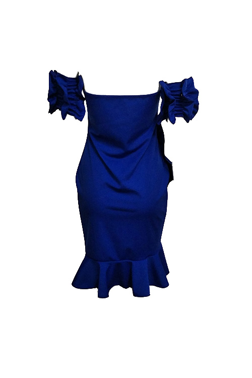  Sexy Bateau Neck Ruffle Design Blue Polyester Knee Length Dress
