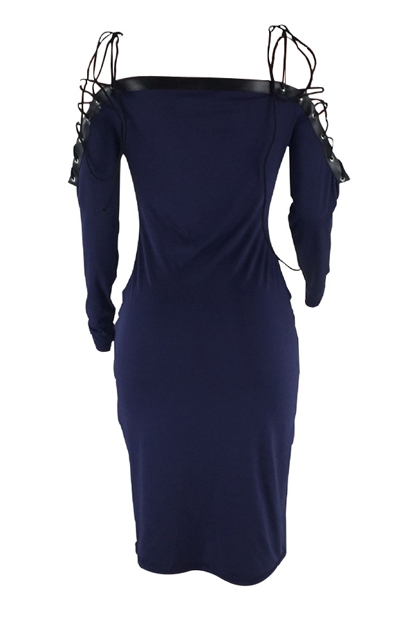  Sexy Bateau Neck Shoulders Lace-up Dark Blue Polyester Mid Calf Dress