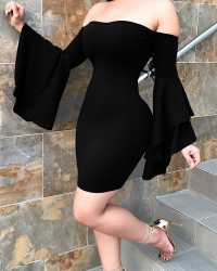  Sexy Bateau Neck Trumpet Sleeves Black Polyester Mini Dress