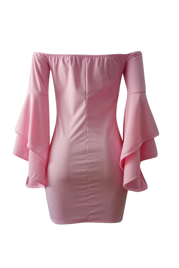  Sexy Bateau Neck Trumpet Sleeves Pink Polyester Mini Dress