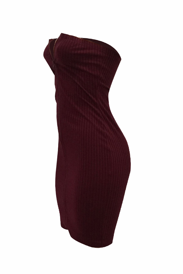  Sexy Bateau Neck Zipper Design Wine Red Cotton Blend Mini Dress