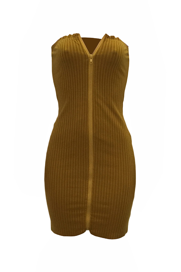  Sexy Bateau Neck Zipper Design Yellow Cotton Blend Mini Dress