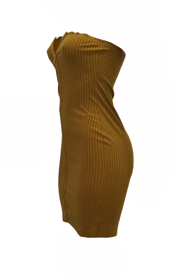  Sexy Bateau Neck Zipper Design Yellow Cotton Blend Mini Dress