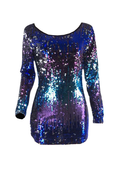  Sexy Boat Neck Backless Gradient Sequins Polyester Mini Dress