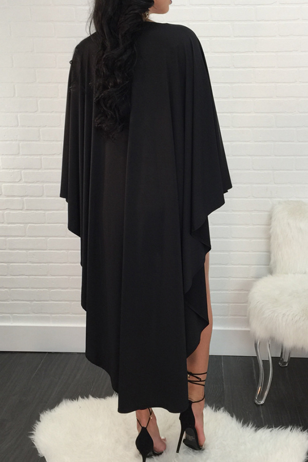  Sexy Deep V Neck Asymmetrical Design Black Polyester Mid Calf Dress