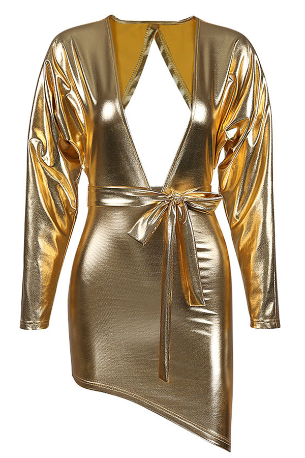  Sexy Deep V Neck Back Hollow-out Gold Polyester Mini Dress(Without Necklet)