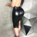 Sexy Deep V Neck Backless Lace Spliced Black PU Knee Length Dress