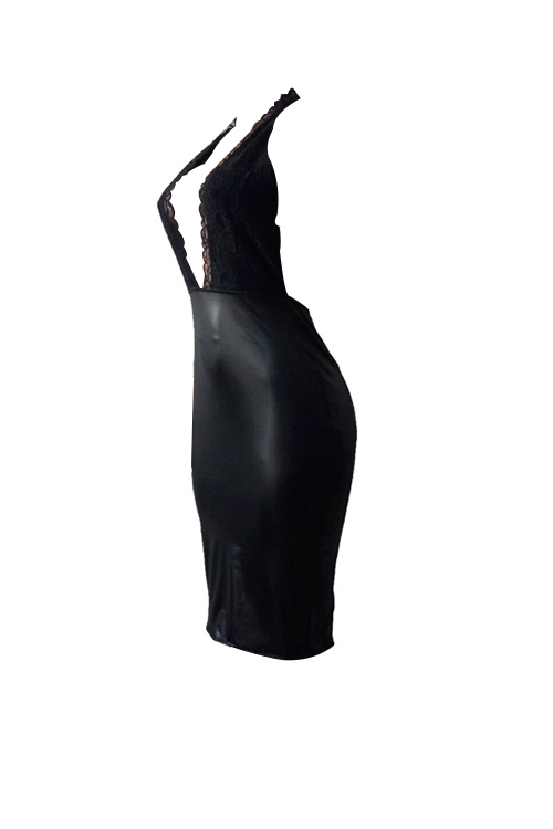  Sexy Deep V Neck Backless Lace Spliced Black PU Knee Length Dress