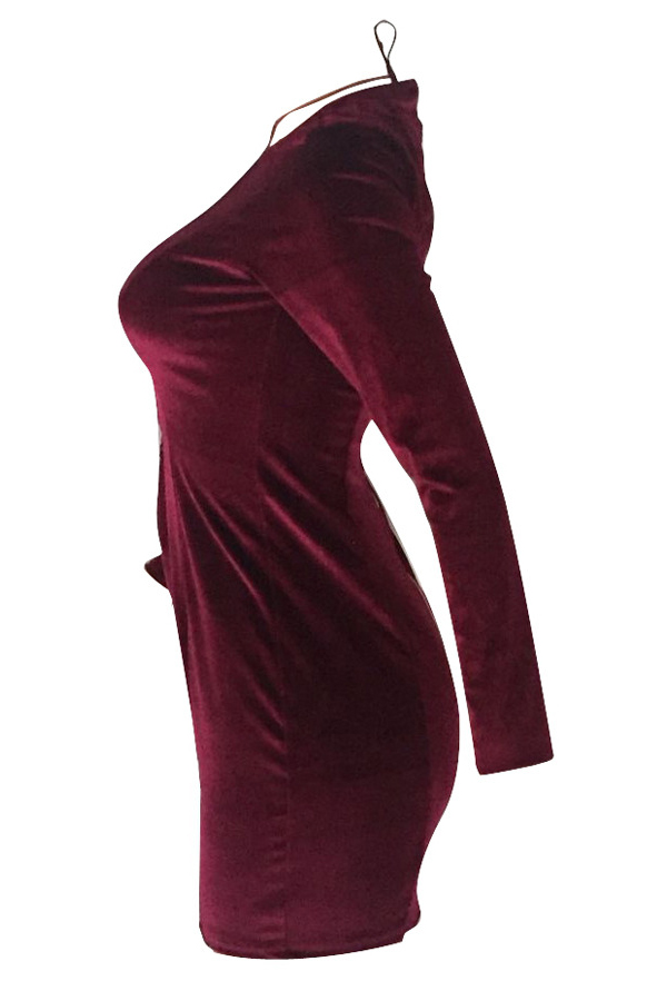  Sexy Deep V Neck Hollow-out Wine Red Velvet Sheath Mini Dress