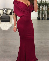  Sexy Deep V Neck Pleated Red Polyester Floor Length Dress