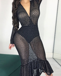 Sexy Deep V Neck See-Through Black Gauze Fishtail Mid Calf Dress(With Briefs)