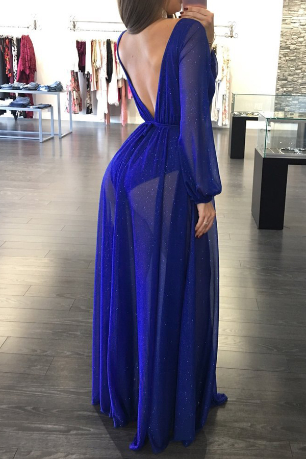  Sexy Deep V Neck See-Through Blue Polyester Floor length Dress(With Lining)