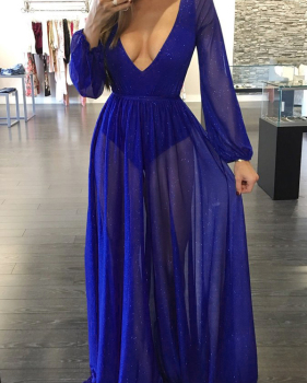  Sexy Deep V Neck See-Through Blue Polyester Floor length Dress(With Lining)