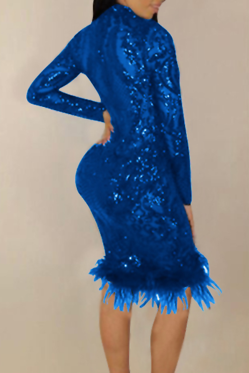  Sexy Deep V Neck See-Through Deep Blue Polyester Sheath Knee Length Dress