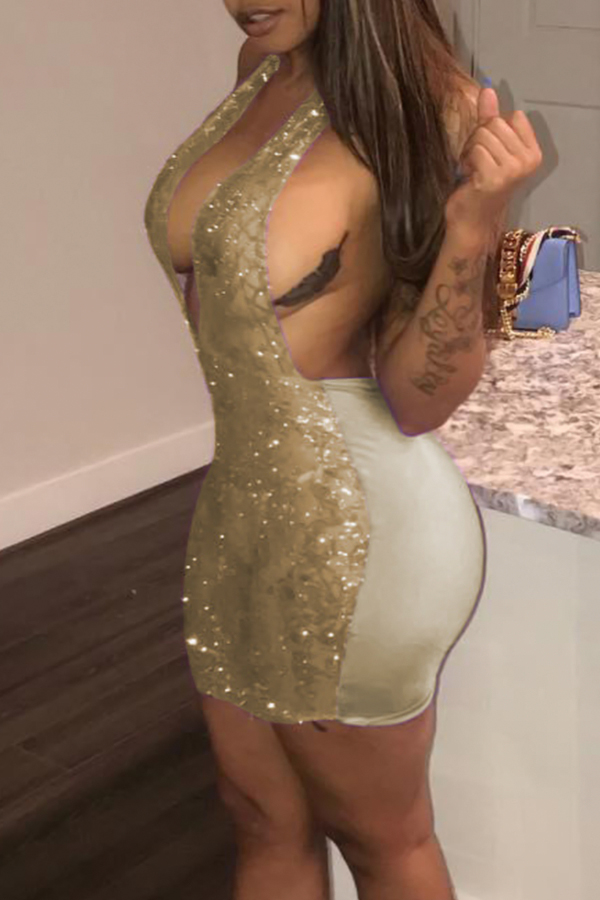  Sexy Deep V Neck Sequined Decorative Gold Polyester See-Through  Mini Backless Dress