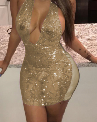  Sexy Deep V Neck Sequined Decorative Gold Polyester See-Through  Mini Backless Dress