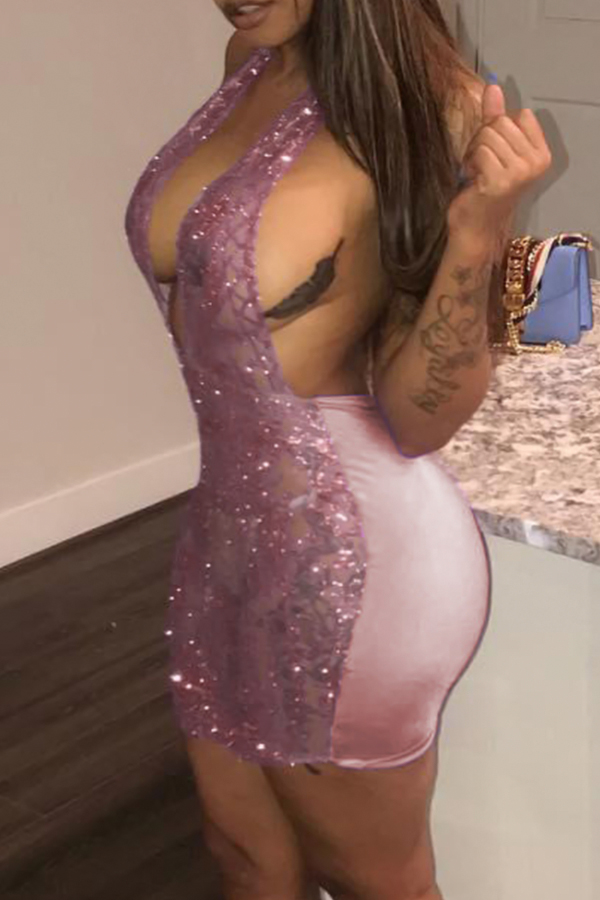  Sexy Deep V Neck Sequined Decorative Pink Polyester See-Through  Mini Backless Dress