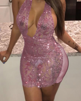  Sexy Deep V Neck Sequined Decorative Pink Polyester See-Through  Mini Backless Dress