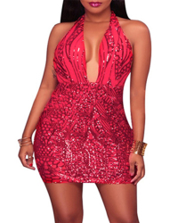  Sexy Deep V Neck Sequined Decorative Red Polyester Mini Dress