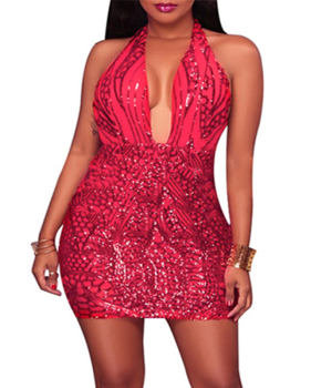  Sexy Deep V Neck Sequined Decorative Red Polyester Mini Dress