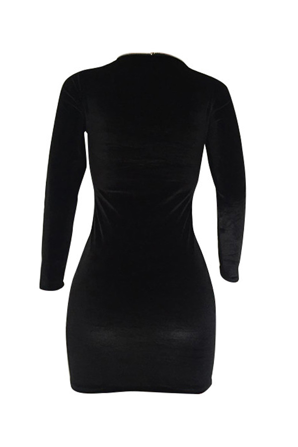  Sexy Deep V Neck Zipper Design Black Velvet Mini Dress